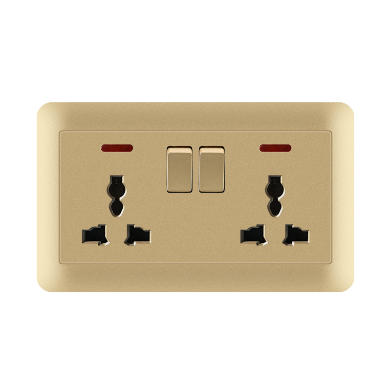 Plastic Socket Double TH+TJ-Universal 3 Pin Socket With Switch With Indicator Light-Gold